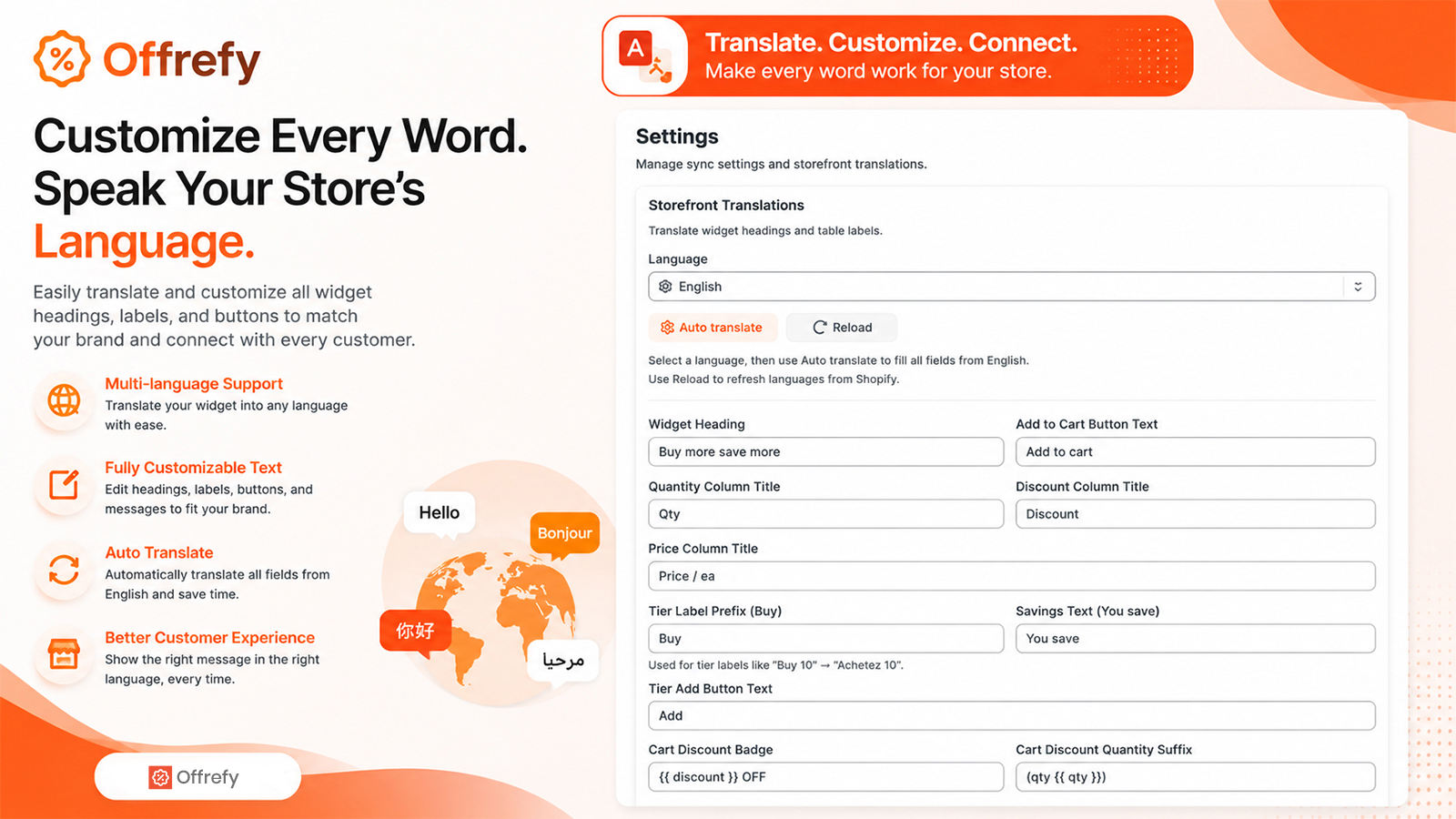 Offrefy storefront translations — customize widget language and copy